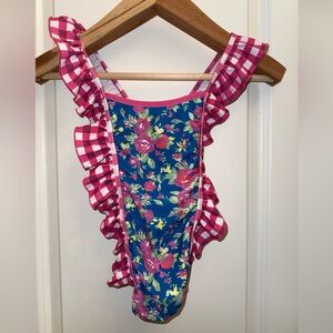 Sweet Honey Girls One Piece Swimsuit Pink Blue Floral Ruffles Bathing Suit Sz 8